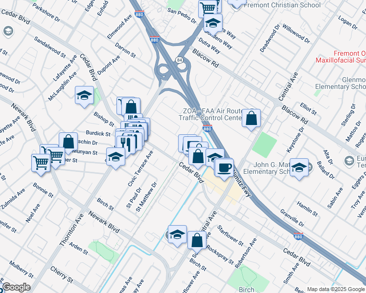 map of restaurants, bars, coffee shops, grocery stores, and more near 37300 Cedar Boulevard in Newark