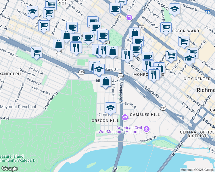 map of restaurants, bars, coffee shops, grocery stores, and more near 708 Albemarle Street in Richmond