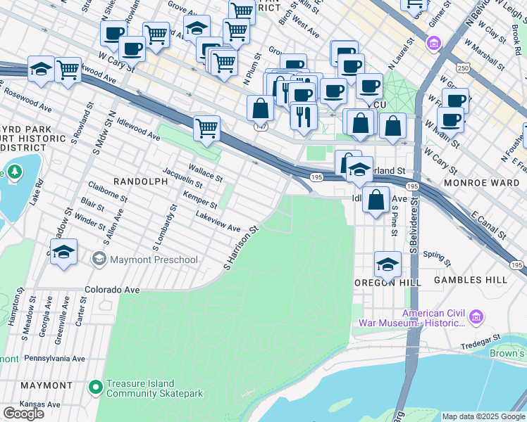 map of restaurants, bars, coffee shops, grocery stores, and more near 500 South Harrison Street in Richmond