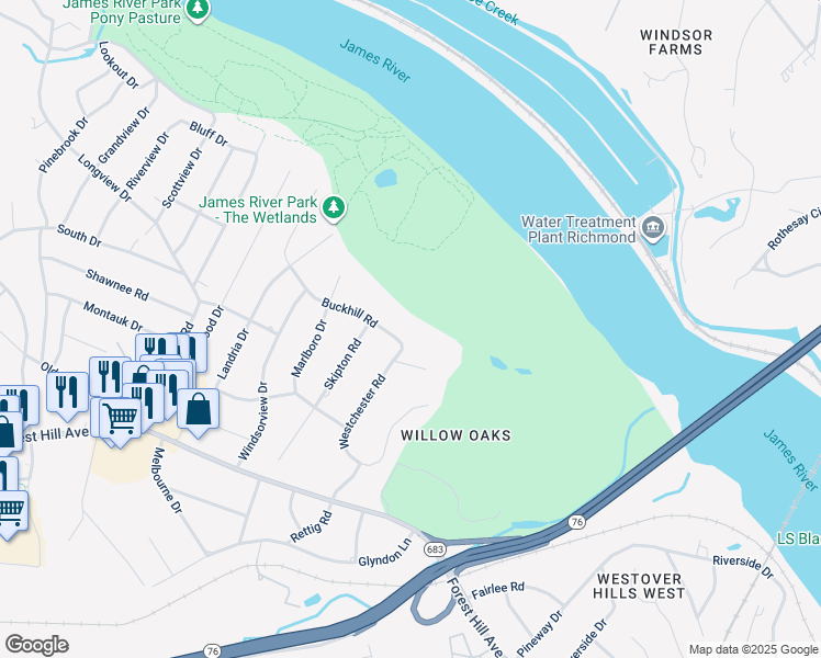 map of restaurants, bars, coffee shops, grocery stores, and more near 6408 Buckhill Road in Richmond