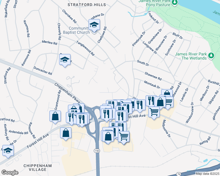 map of restaurants, bars, coffee shops, grocery stores, and more near 7251 Berwick Road in Richmond