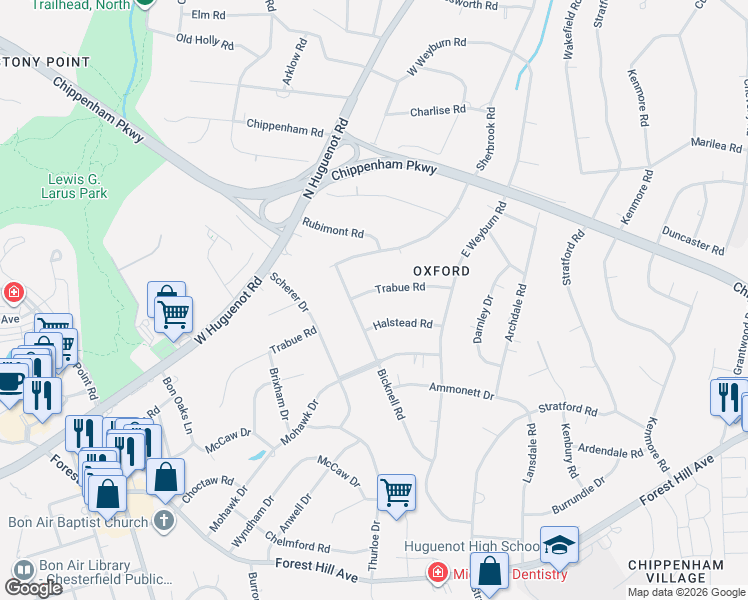 map of restaurants, bars, coffee shops, grocery stores, and more near 8248 Halstead Road in Richmond