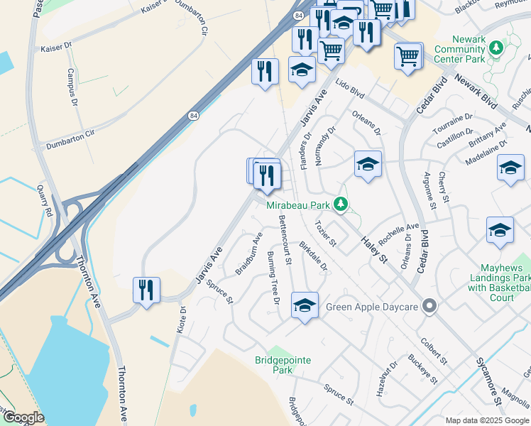 map of restaurants, bars, coffee shops, grocery stores, and more near 35655 Haley Street in Newark