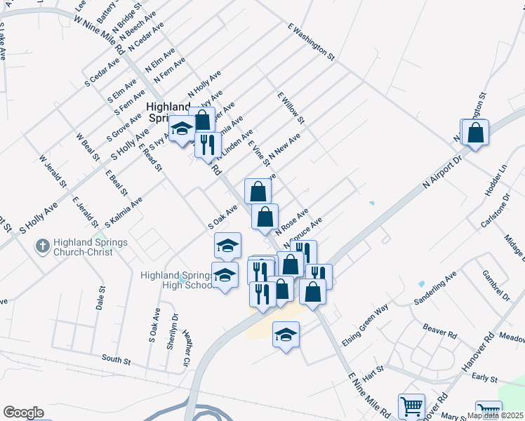 map of restaurants, bars, coffee shops, grocery stores, and more near 1 North Pine Avenue in Henrico