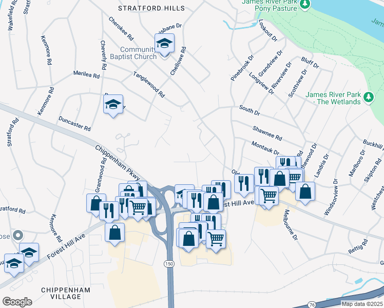 map of restaurants, bars, coffee shops, grocery stores, and more near 3009 Vesper Road in Richmond