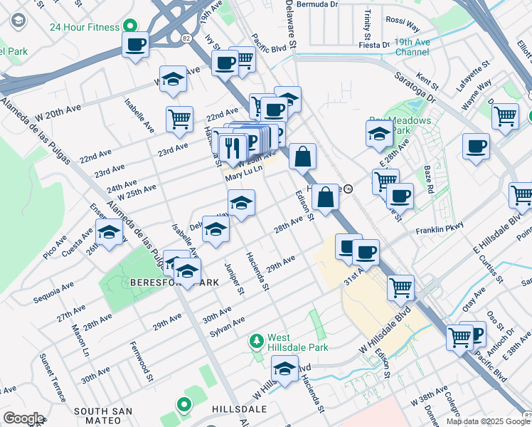 map of restaurants, bars, coffee shops, grocery stores, and more near 125 27th Avenue in San Mateo