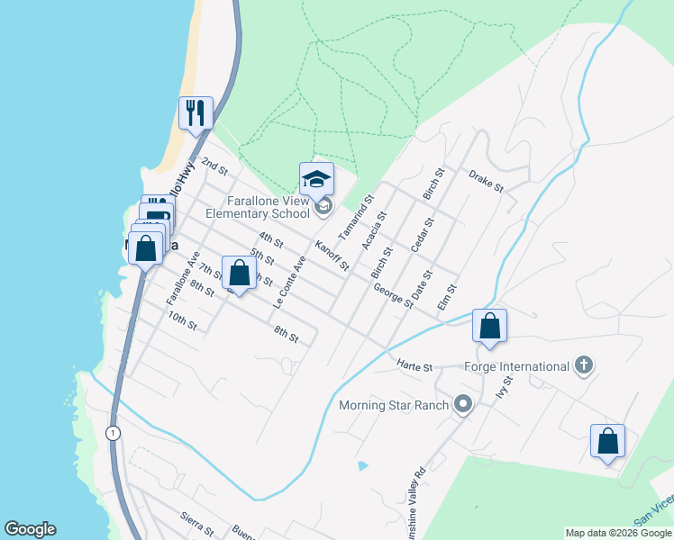 map of restaurants, bars, coffee shops, grocery stores, and more near 1213 Audubon Avenue in Montara