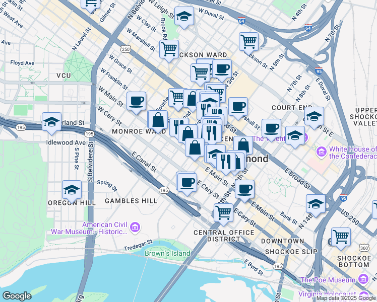 map of restaurants, bars, coffee shops, grocery stores, and more near 409 East Main Street in Richmond