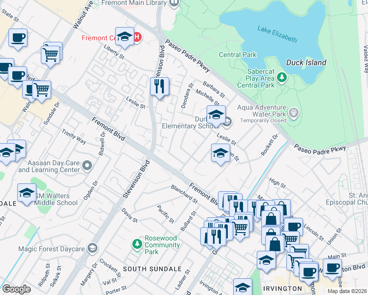 map of restaurants, bars, coffee shops, grocery stores, and more near 3821 Mission View Drive in Fremont