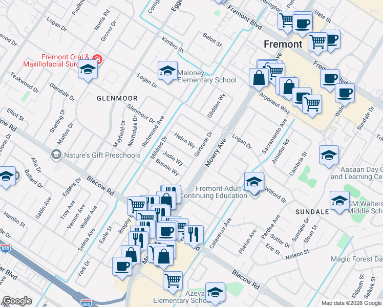 map of restaurants, bars, coffee shops, grocery stores, and more near 38896 Judie Way in Fremont