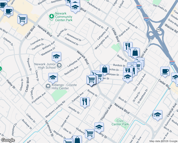 map of restaurants, bars, coffee shops, grocery stores, and more near 36493 Dijon Drive in Newark