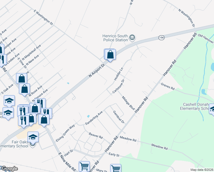 map of restaurants, bars, coffee shops, grocery stores, and more near 221 Hodder Lane in Highland Springs