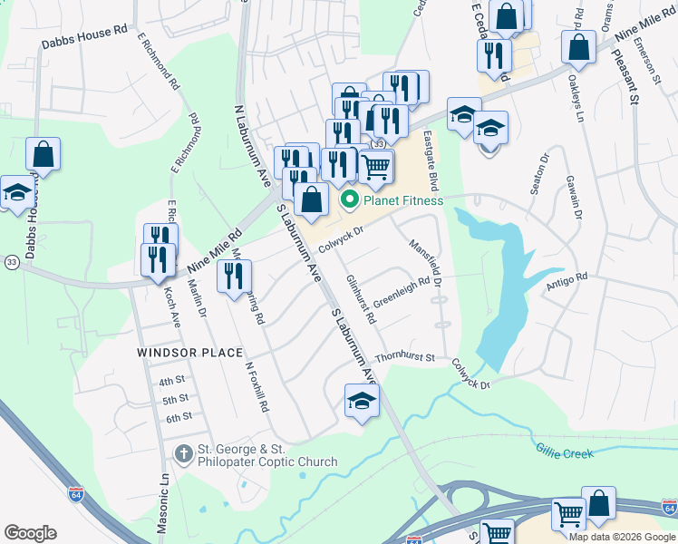 map of restaurants, bars, coffee shops, grocery stores, and more near 207 South Laburnum Avenue in Richmond