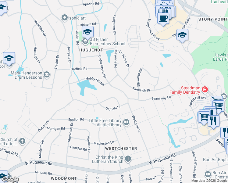 map of restaurants, bars, coffee shops, grocery stores, and more near 9926 Duryea Drive in Richmond