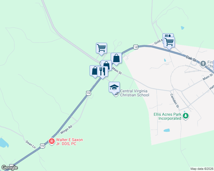 map of restaurants, bars, coffee shops, grocery stores, and more near 2-98 Buckingham Center Drive in Dillwyn
