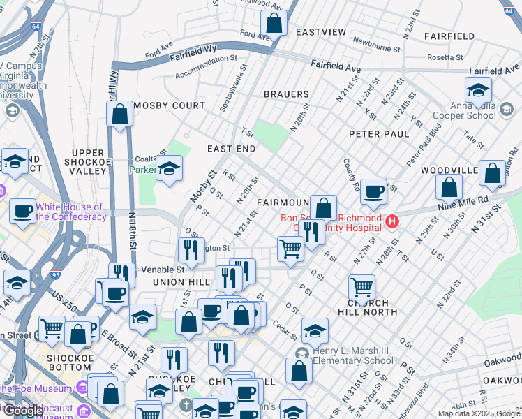 map of restaurants, bars, coffee shops, grocery stores, and more near 1115 North 21st Street in Richmond