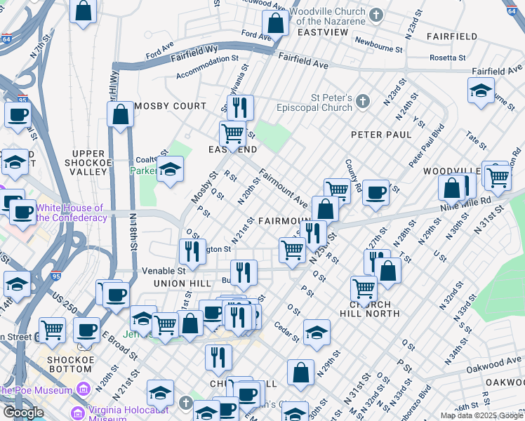 map of restaurants, bars, coffee shops, grocery stores, and more near 1115 North 21st Street in Richmond