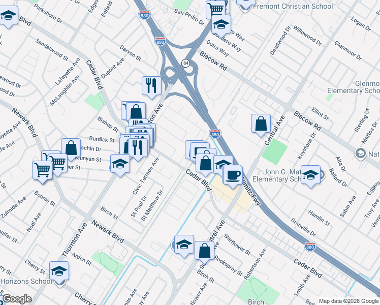 map of restaurants, bars, coffee shops, grocery stores, and more near 5365 Saint Mark Avenue in Newark
