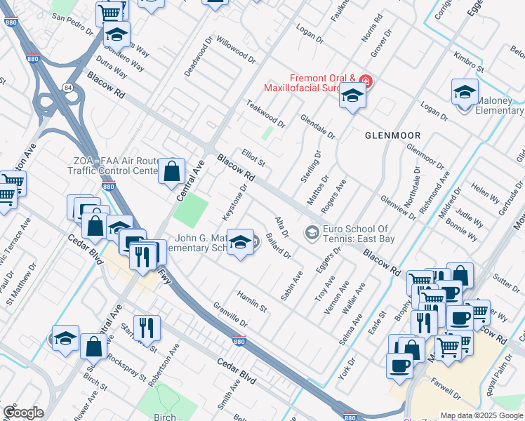 map of restaurants, bars, coffee shops, grocery stores, and more near 37987 Alta Drive in Fremont