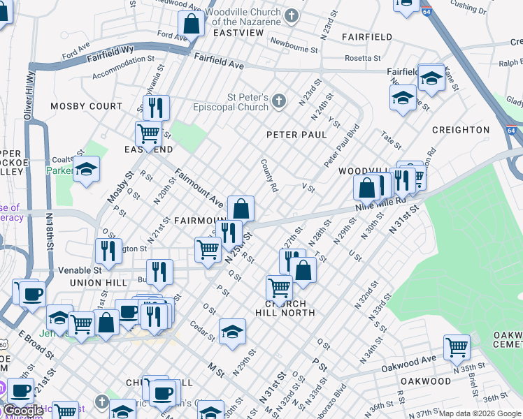 map of restaurants, bars, coffee shops, grocery stores, and more near 1330 North 25th Street in Richmond