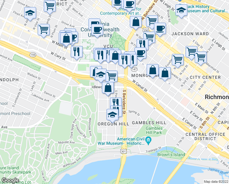 map of restaurants, bars, coffee shops, grocery stores, and more near 312 South Pine Street in Richmond