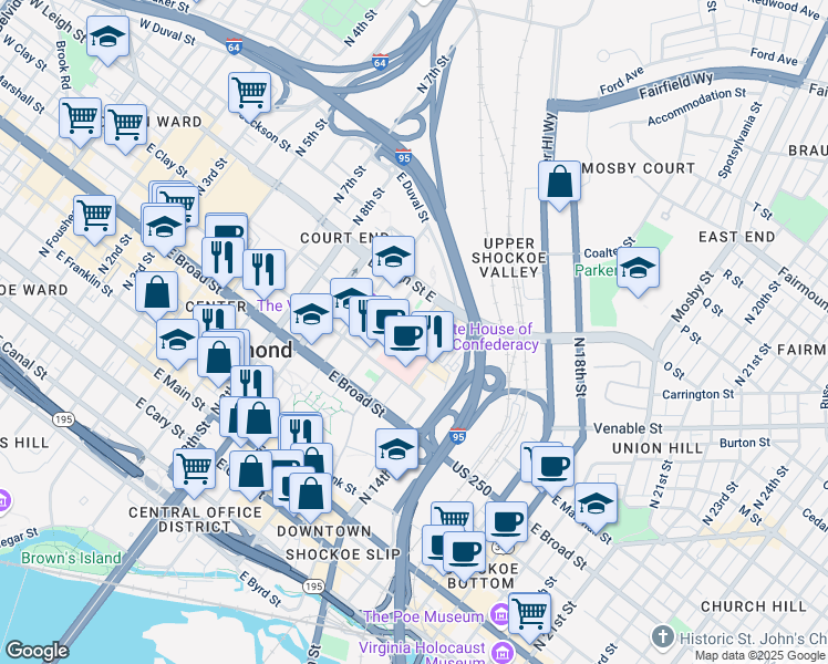 map of restaurants, bars, coffee shops, grocery stores, and more near 521 North 12th Street in Richmond