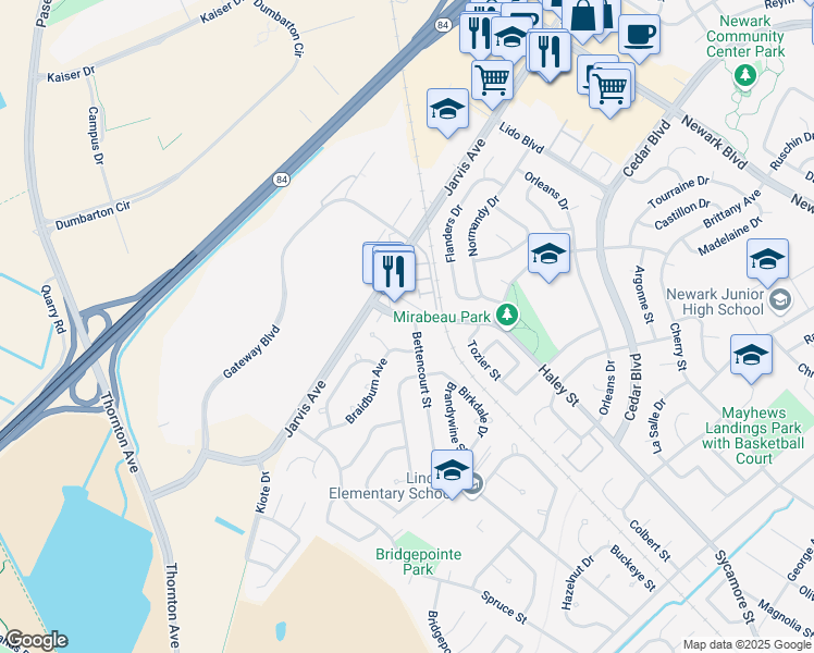 map of restaurants, bars, coffee shops, grocery stores, and more near 35655 Haley Street in Newark