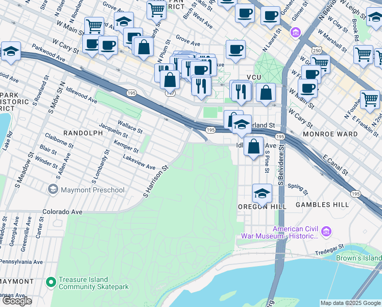 map of restaurants, bars, coffee shops, grocery stores, and more near 408 Dobson Street in Richmond
