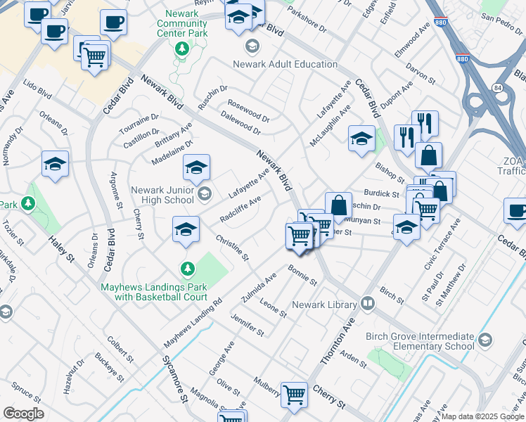 map of restaurants, bars, coffee shops, grocery stores, and more near 6078 Bennington Drive in Newark