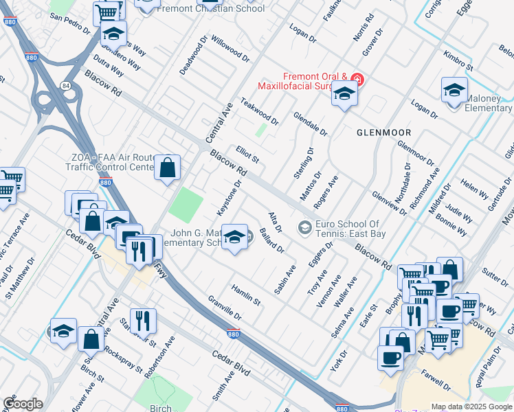 map of restaurants, bars, coffee shops, grocery stores, and more near 37987 Alta Drive in Fremont