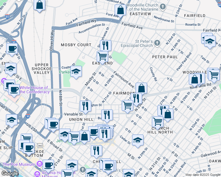 map of restaurants, bars, coffee shops, grocery stores, and more near 1108 North 21st Street in Richmond