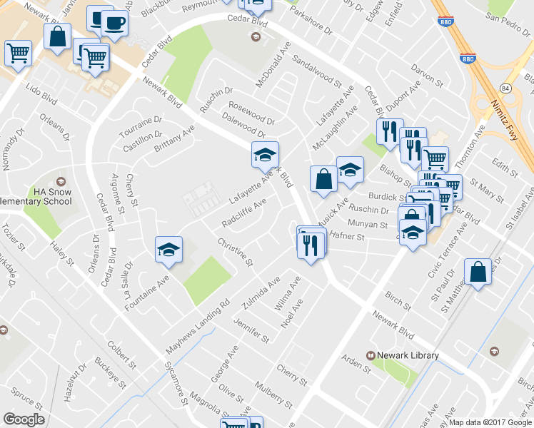 map of restaurants, bars, coffee shops, grocery stores, and more near 6078 Bennington Drive in Newark