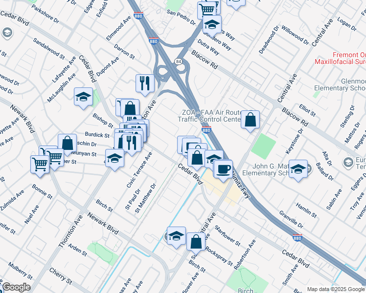 map of restaurants, bars, coffee shops, grocery stores, and more near 5365 Saint Mark Avenue in Newark
