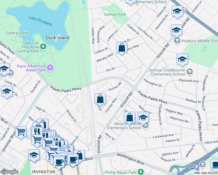 map of restaurants, bars, coffee shops, grocery stores, and more near 40912 Cruz Court in Fremont