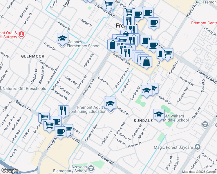 map of restaurants, bars, coffee shops, grocery stores, and more near 4502 Sloat Road in Fremont