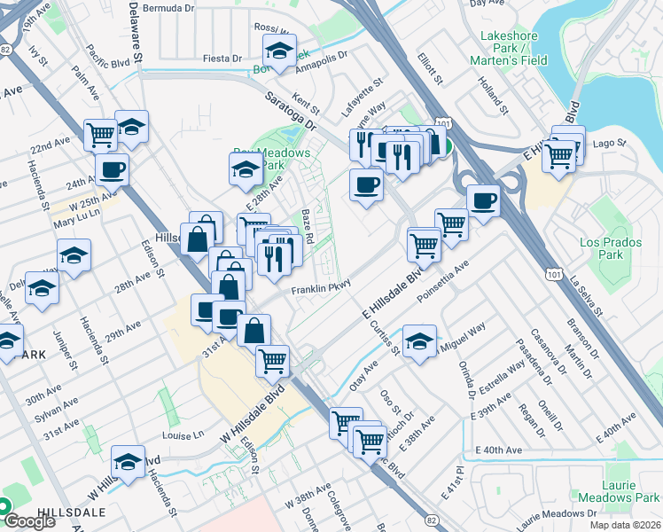 map of restaurants, bars, coffee shops, grocery stores, and more near 930 Park Place in San Mateo