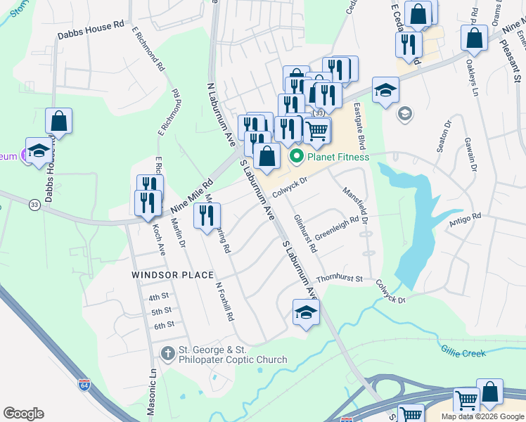 map of restaurants, bars, coffee shops, grocery stores, and more near 4800 Colwyck Drive in Richmond
