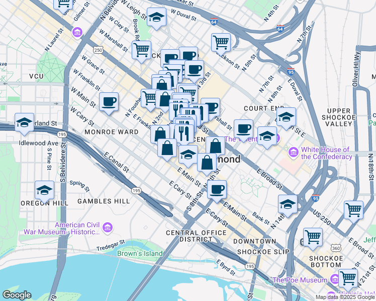 map of restaurants, bars, coffee shops, grocery stores, and more near 101 North 5th Street in Richmond