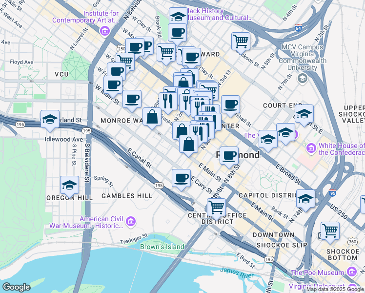 map of restaurants, bars, coffee shops, grocery stores, and more near 307 East Franklin Street in Richmond