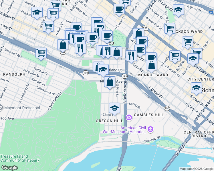 map of restaurants, bars, coffee shops, grocery stores, and more near 227 South Cherry Street in Richmond