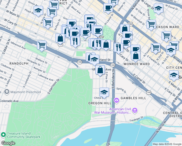 map of restaurants, bars, coffee shops, grocery stores, and more near 227 South Cherry Street in Richmond