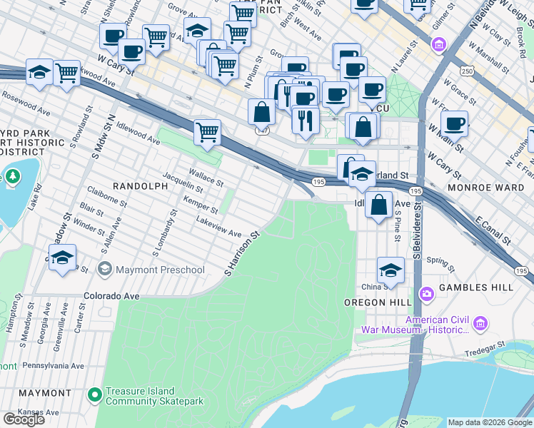 map of restaurants, bars, coffee shops, grocery stores, and more near 1226 Wallace Street in Richmond
