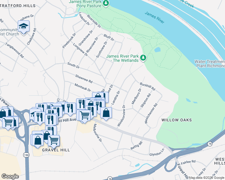 map of restaurants, bars, coffee shops, grocery stores, and more near 3140 Blithewood Drive in Richmond