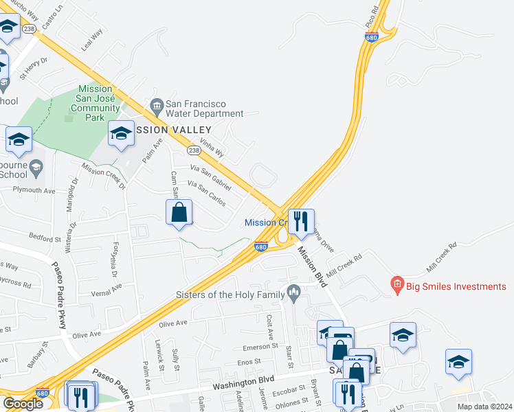 map of restaurants, bars, coffee shops, grocery stores, and more near 42425 Mission Boulevard in Fremont