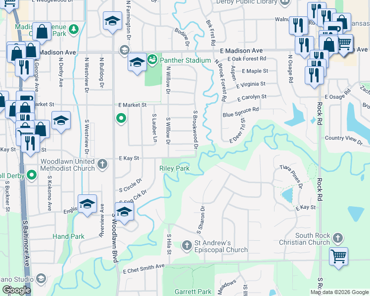 map of restaurants, bars, coffee shops, grocery stores, and more near 1108 East Redwood Road in Derby