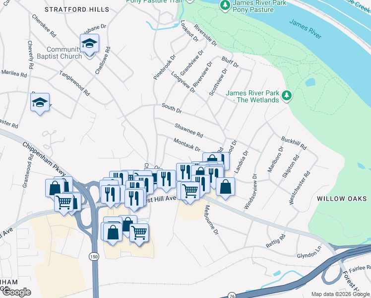 map of restaurants, bars, coffee shops, grocery stores, and more near 6940 Montauk Drive in Richmond