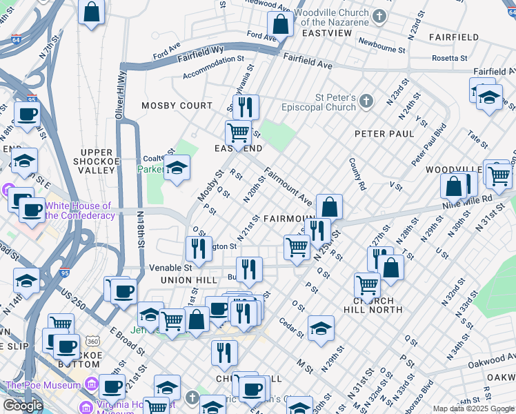 map of restaurants, bars, coffee shops, grocery stores, and more near 1108 North 21st Street in Richmond