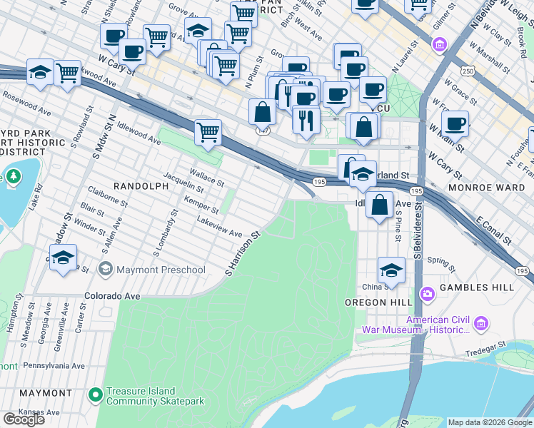 map of restaurants, bars, coffee shops, grocery stores, and more near 1226 Wallace Street in Richmond