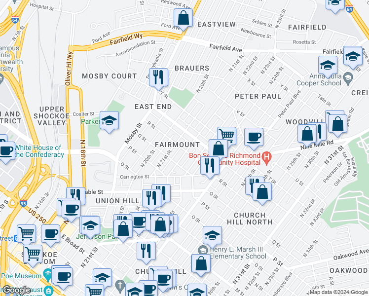 map of restaurants, bars, coffee shops, grocery stores, and more near 1200 North 22nd Street in Richmond