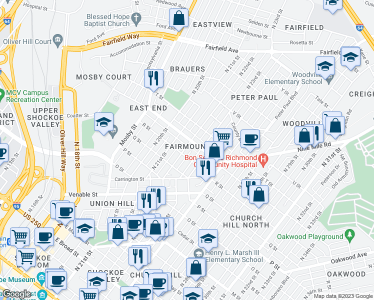 map of restaurants, bars, coffee shops, grocery stores, and more near 1211 North 22nd Street in Richmond